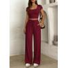 imagePRETTYGARDEN Womens 2 Piece Matching Lounge Sets Ribbed Short Sleeve Crop Tops Wide Leg Pants 2026 Summer Airport OutfitsBurgundy