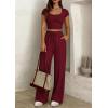 imagePRETTYGARDEN Womens 2 Piece Matching Lounge Sets Ribbed Short Sleeve Crop Tops Wide Leg Pants 2026 Summer Airport OutfitsBurgundy