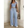 imagePRETTYGARDEN Womens 2 Piece Matching Lounge Sets Ribbed Short Sleeve Crop Tops Wide Leg Pants 2026 Summer Airport OutfitsLight Blue