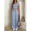 imagePRETTYGARDEN Womens 2 Piece Matching Lounge Sets Ribbed Short Sleeve Crop Tops Wide Leg Pants 2026 Summer Airport OutfitsLight Blue