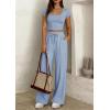 imagePRETTYGARDEN Womens 2 Piece Matching Lounge Sets Ribbed Short Sleeve Crop Tops Wide Leg Pants 2026 Summer Airport OutfitsLight Blue