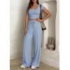 imagePRETTYGARDEN Womens 2 Piece Matching Lounge Sets Ribbed Short Sleeve Crop Tops Wide Leg Pants 2026 Summer Airport OutfitsLight Blue
