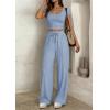 imagePRETTYGARDEN Womens 2 Piece Matching Lounge Sets Ribbed Short Sleeve Crop Tops Wide Leg Pants 2026 Summer Airport OutfitsLight Blue