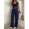 imagePRETTYGARDEN Womens 2 Piece Matching Lounge Sets Ribbed Short Sleeve Crop Tops Wide Leg Pants 2026 Summer Airport OutfitsNavy Blue