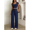 imagePRETTYGARDEN Womens 2 Piece Matching Lounge Sets Ribbed Short Sleeve Crop Tops Wide Leg Pants 2026 Summer Airport OutfitsNavy Blue