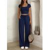 imagePRETTYGARDEN Womens 2 Piece Matching Lounge Sets Ribbed Short Sleeve Crop Tops Wide Leg Pants 2026 Summer Airport OutfitsNavy Blue