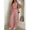imagePRETTYGARDEN Womens 2 Piece Matching Lounge Sets Ribbed Short Sleeve Crop Tops Wide Leg Pants 2026 Summer Airport OutfitsPink