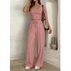 imagePRETTYGARDEN Womens 2 Piece Matching Lounge Sets Ribbed Short Sleeve Crop Tops Wide Leg Pants 2026 Summer Airport OutfitsPink
