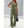 imagePRETTYGARDEN Womens 2 Piece Outfits Summer 2026 Ribbed Knit Button Short Sleeve Tops Casual Wide Leg Pants Lounge SetsArmy Green