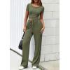 imagePRETTYGARDEN Womens 2 Piece Outfits Summer 2026 Ribbed Knit Button Short Sleeve Tops Casual Wide Leg Pants Lounge SetsArmy Green