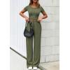 imagePRETTYGARDEN Womens 2 Piece Outfits Summer 2026 Ribbed Knit Button Short Sleeve Tops Casual Wide Leg Pants Lounge SetsArmy Green