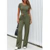 imagePRETTYGARDEN Womens 2 Piece Outfits Summer 2026 Ribbed Knit Button Short Sleeve Tops Casual Wide Leg Pants Lounge SetsArmy Green