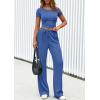 imagePRETTYGARDEN Womens 2 Piece Outfits Summer 2026 Ribbed Knit Button Short Sleeve Tops Casual Wide Leg Pants Lounge SetsBlue
