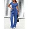 imagePRETTYGARDEN Womens 2 Piece Outfits Summer 2026 Ribbed Knit Button Short Sleeve Tops Casual Wide Leg Pants Lounge SetsBlue