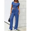 imagePRETTYGARDEN Womens 2 Piece Outfits Summer 2026 Ribbed Knit Button Short Sleeve Tops Casual Wide Leg Pants Lounge SetsBlue
