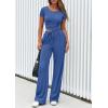 imagePRETTYGARDEN Womens 2 Piece Outfits Summer 2026 Ribbed Knit Button Short Sleeve Tops Casual Wide Leg Pants Lounge SetsBlue