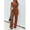 imagePRETTYGARDEN Womens 2 Piece Outfits Summer 2026 Ribbed Knit Button Short Sleeve Tops Casual Wide Leg Pants Lounge SetsBrown
