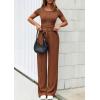 imagePRETTYGARDEN Womens 2 Piece Outfits Summer 2026 Ribbed Knit Button Short Sleeve Tops Casual Wide Leg Pants Lounge SetsBrown