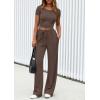 imagePRETTYGARDEN Womens 2 Piece Outfits Summer 2026 Ribbed Knit Button Short Sleeve Tops Casual Wide Leg Pants Lounge SetsCoffee