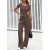 imagePRETTYGARDEN Womens 2 Piece Outfits Summer 2026 Ribbed Knit Button Short Sleeve Tops Casual Wide Leg Pants Lounge SetsCoffee