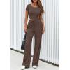imagePRETTYGARDEN Womens 2 Piece Outfits Summer 2026 Ribbed Knit Button Short Sleeve Tops Casual Wide Leg Pants Lounge SetsCoffee