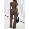 imagePRETTYGARDEN Womens 2 Piece Outfits Summer 2026 Ribbed Knit Button Short Sleeve Tops Casual Wide Leg Pants Lounge SetsCoffee