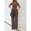 imagePRETTYGARDEN Womens 2 Piece Outfits Summer 2026 Ribbed Knit Button Short Sleeve Tops Casual Wide Leg Pants Lounge SetsCoffee
