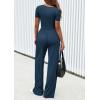 imagePRETTYGARDEN Womens 2 Piece Outfits Summer 2026 Ribbed Knit Button Short Sleeve Tops Casual Wide Leg Pants Lounge SetsDark Blue