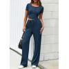 imagePRETTYGARDEN Womens 2 Piece Outfits Summer 2026 Ribbed Knit Button Short Sleeve Tops Casual Wide Leg Pants Lounge SetsDark Blue