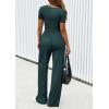 imagePRETTYGARDEN Womens 2 Piece Outfits Summer 2026 Ribbed Knit Button Short Sleeve Tops Casual Wide Leg Pants Lounge SetsDark Green