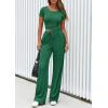 imagePRETTYGARDEN Womens 2 Piece Outfits Summer 2026 Ribbed Knit Button Short Sleeve Tops Casual Wide Leg Pants Lounge SetsGreen