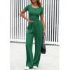 imagePRETTYGARDEN Womens 2 Piece Outfits Summer 2026 Ribbed Knit Button Short Sleeve Tops Casual Wide Leg Pants Lounge SetsGreen