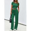imagePRETTYGARDEN Womens 2 Piece Outfits Summer 2026 Ribbed Knit Button Short Sleeve Tops Casual Wide Leg Pants Lounge SetsGreen