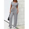 imagePRETTYGARDEN Womens 2 Piece Outfits Summer 2026 Ribbed Knit Button Short Sleeve Tops Casual Wide Leg Pants Lounge SetsGrey
