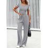 imagePRETTYGARDEN Womens 2 Piece Outfits Summer 2026 Ribbed Knit Button Short Sleeve Tops Casual Wide Leg Pants Lounge SetsGrey