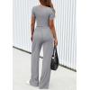 imagePRETTYGARDEN Womens 2 Piece Outfits Summer 2026 Ribbed Knit Button Short Sleeve Tops Casual Wide Leg Pants Lounge SetsGrey