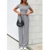 imagePRETTYGARDEN Womens 2 Piece Outfits Summer 2026 Ribbed Knit Button Short Sleeve Tops Casual Wide Leg Pants Lounge SetsGrey
