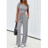 imagePRETTYGARDEN Womens 2 Piece Outfits Summer 2026 Ribbed Knit Button Short Sleeve Tops Casual Wide Leg Pants Lounge SetsGrey