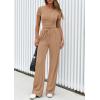 imagePRETTYGARDEN Womens 2 Piece Outfits Summer 2026 Ribbed Knit Button Short Sleeve Tops Casual Wide Leg Pants Lounge SetsKhaki