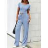 imagePRETTYGARDEN Womens 2 Piece Outfits Summer 2026 Ribbed Knit Button Short Sleeve Tops Casual Wide Leg Pants Lounge SetsLight Blue