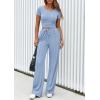 imagePRETTYGARDEN Womens 2 Piece Outfits Summer 2026 Ribbed Knit Button Short Sleeve Tops Casual Wide Leg Pants Lounge SetsLight Blue