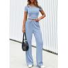 imagePRETTYGARDEN Womens 2 Piece Outfits Summer 2026 Ribbed Knit Button Short Sleeve Tops Casual Wide Leg Pants Lounge SetsLight Blue