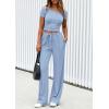 imagePRETTYGARDEN Womens 2 Piece Outfits Summer 2026 Ribbed Knit Button Short Sleeve Tops Casual Wide Leg Pants Lounge SetsLight Blue