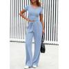 imagePRETTYGARDEN Womens 2 Piece Outfits Summer 2026 Ribbed Knit Button Short Sleeve Tops Casual Wide Leg Pants Lounge SetsLight Blue