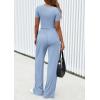 imagePRETTYGARDEN Womens 2 Piece Outfits Summer 2026 Ribbed Knit Button Short Sleeve Tops Casual Wide Leg Pants Lounge SetsLight Blue