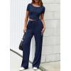 imagePRETTYGARDEN Womens 2 Piece Outfits Summer 2026 Ribbed Knit Button Short Sleeve Tops Casual Wide Leg Pants Lounge SetsNavy