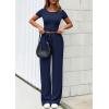 imagePRETTYGARDEN Womens 2 Piece Outfits Summer 2026 Ribbed Knit Button Short Sleeve Tops Casual Wide Leg Pants Lounge SetsNavy