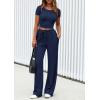 imagePRETTYGARDEN Womens 2 Piece Outfits Summer 2026 Ribbed Knit Button Short Sleeve Tops Casual Wide Leg Pants Lounge SetsNavy