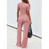 imagePRETTYGARDEN Womens 2 Piece Outfits Summer 2026 Ribbed Knit Button Short Sleeve Tops Casual Wide Leg Pants Lounge SetsPink