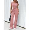 imagePRETTYGARDEN Womens 2 Piece Outfits Summer 2026 Ribbed Knit Button Short Sleeve Tops Casual Wide Leg Pants Lounge SetsPink